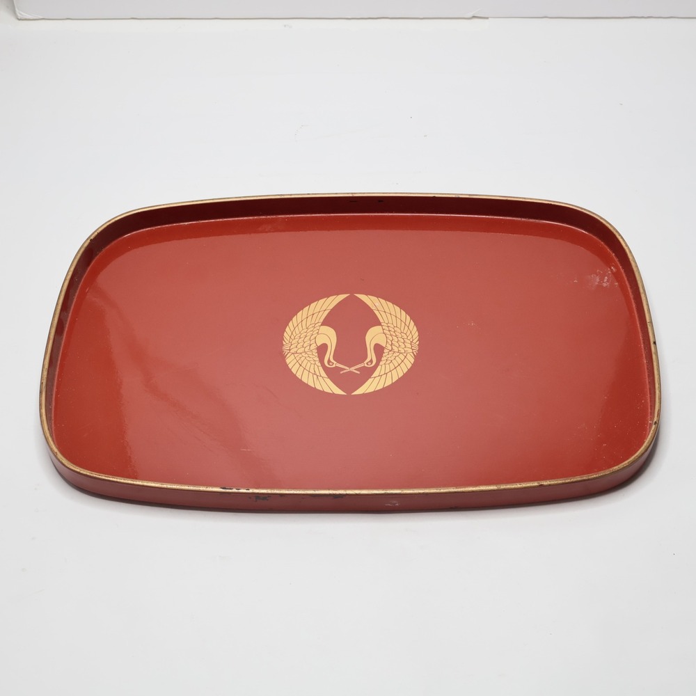 Vintage Japanese Red Lacquer Serving Tray Gold Crane Motif Made in Japan 15.5in